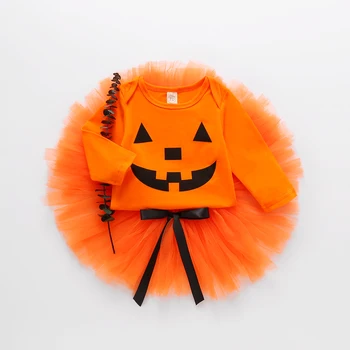 Halloween pentru Copii Tinutele Fata de Două Bucata Costum de Moda Drăguț Amuzant Dovleac cu mâneci Lungi Vladan și Culoare Solidă Tifon Fusta 0-24M