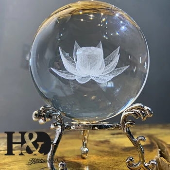H&D 60mm 3D cu Laser Gravat Floare de Lotus Minge de Sticlă Cristal de Vindecare Ball Miniaturi Sfera Acasă Decorare Accesorii cu Suport