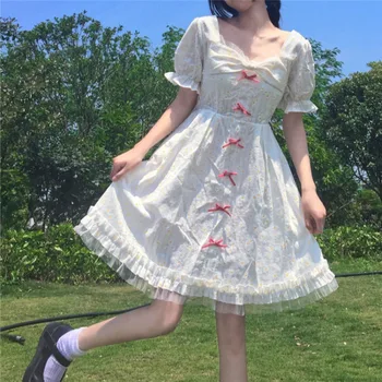 Harajuku de Vară a femeilor Japoneze ins franceză dulce fată drăguță sens de design pătrat guler off-umăr Lolita rochie Kawaii Drăguț