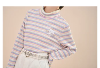 Harajuku Dulciuri cu Dungi pentru Femei T-shirt 2020 Toamna Drăguț Top cu Maneci Lungi Haine de sex Feminin Kawaii Epocă Guler cu Nervuri de Tricou