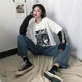 Harajuku Femei T-shirt Fals 2 Bucati Print Japonez Fujiang benzi Desenate de Groaza cu Maneci Lungi Tricou Femei Vetement Femme 2020