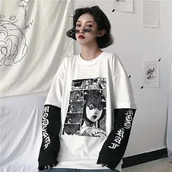 Harajuku Femei T-shirt Fals 2 Bucati Print Japonez Fujiang benzi Desenate de Groaza cu Maneci Lungi Tricou Femei Vetement Femme 2020