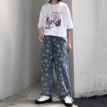 Harajuku Floarea-Soarelui Imprimare Blugi Femei Vintage Spălat Blugi Largi Cu Talie Înaltă Direct Pantaloni Fashion Pantaloni Harem Pentru Femei Om Blugi