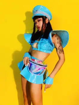 (Hat+Maxim+pantaloni Scurti+Centura+Manusi) Cristale Albastre Bikini Femei Set Sexy DJ Cantareata Etapă Costume de Dans care conduc Personalitate DS Costum
