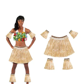 Hawaiian Iarba Costum Fusta Cinci Piese Elastice Bratul Picioare Acoperit Cu Iarba Fuste Hula Dance Costum De Plaja Festivalul De Partid Decor