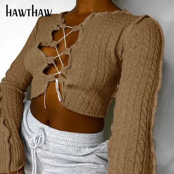 Hawthaw Femei De Moda Toamna Gol Maneca Lunga Monofazate De Culoare Tricot Streetwear Tricouri Topuri Scurte Sexy 2020 Haine De Toamna