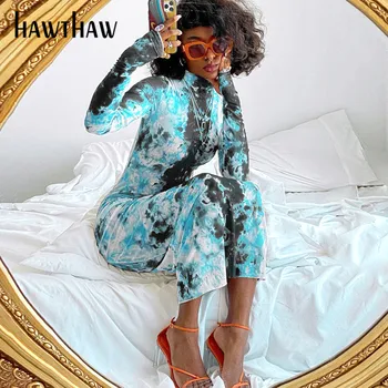 HAWTHAW femei de primavara toamna haine imprimate cu maneca lunga Bodycon piele de sarpe petrecere de club Guler rochii lungi 2020 moda