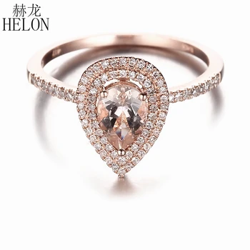 HELON Solid 14k Aur a Crescut de Două Halouri Diamante Naturale de Logodna Inel de Nunta 5x7mm Pere Morganite Inel Bijuterii Fine Femei