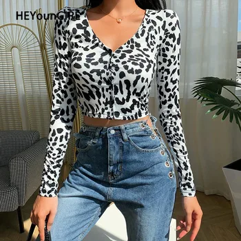 HEYounGIRL Animal Print Leopard cu Maneci Lungi Decupate Tricou Alb-Negru Casual T-shirt Doamnelor Butoanele V Gât Moda Tricou