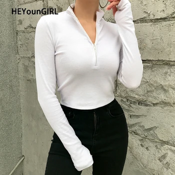 HEYounGIRL Solid de Fitness Maneca Lunga T-shirt Doamnelor Stand Guler cu Fermoar Tricouri Bumbac Femei de Moda de Bază a Culturilor Tricou Toamna