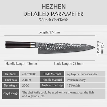 HEZHEN 9.5 inch Cuțit Bucătar Real Oțel Damasc Gătit Feliere Instrumente Cuțit de bucătărie Pentru Carne, legume Cleaver Feliere Găti Cuțit