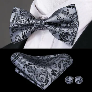 Hi-Cravata de Matase de Lux pentru Bărbați Suspensor Vintage Gri Floral, Bretele, Papion, Batista Butoni Set din Piele Metal 6 Clipuri Bretele