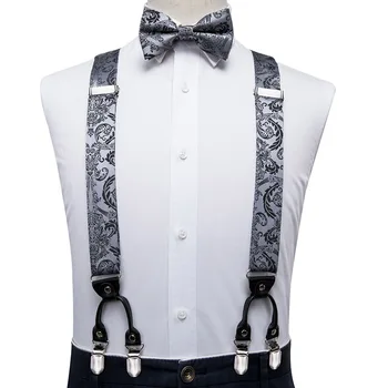 Hi-Cravata de Matase de Lux pentru Bărbați Suspensor Vintage Gri Floral, Bretele, Papion, Batista Butoni Set din Piele Metal 6 Clipuri Bretele