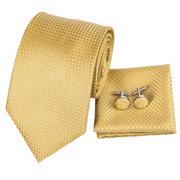 Hi-Cravată din Aur Galben Carouri Bărbați Cravată Set de Cravate de Mătase Pentru Bărbați Inel de Aur de Design de Moda Batista Butoni Set de Nunta de Calitate Cravata