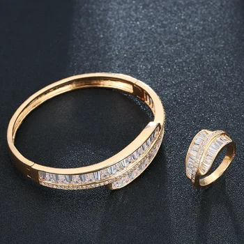HIBRIDE de Lux Cuff Brățară Inel Seturi Pentru Femei Nuntă Bagutte Tăiat Cubic Zircon Cristal CZ Dubai Bratara Petrecere bijoux N-1711