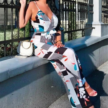 High Street Femei imprimare Geometrice Vogue Salopete Doamnelor Clubwear V-gât Curea de Moda Salopeta Tricou Romper Pantaloni OL 2019