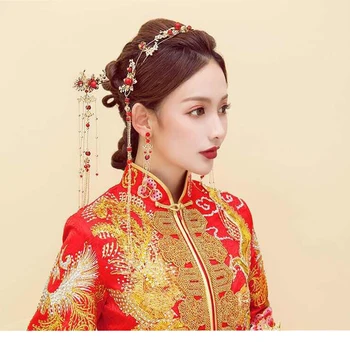 HIMSTORY Epocă Tradițională Chineză de Mireasa Frizură Hairpin Eleganta Rosie cu Margele Perle de Aur banda de Susținere Accesorii de Nunta