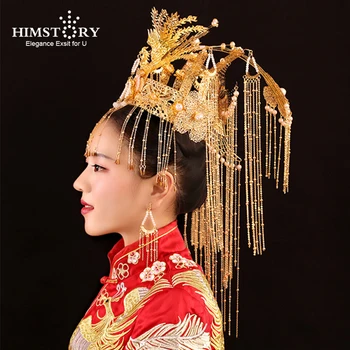 HIMSTORY Manual Superbe Phoenix Coronet Etapă Chineză Stil Vintage Accesorii de Par Păun Ciucure Lung Frizură