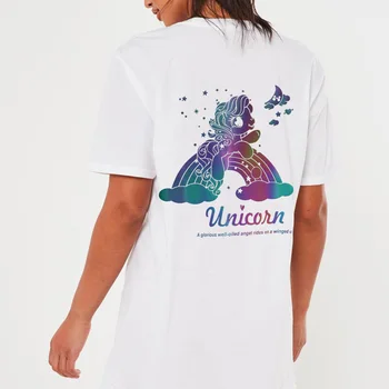 Hip Hop Curcubeu Reflectorizante Unicorn Model din Bumbac cu Maneci Scurte Vrac Supradimensionat Tricou pentru Mujer