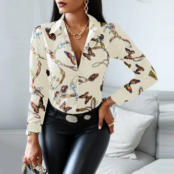 Hirigin Femei Slim V-neck Cămașă Contrast de Culoare cu mâneci Lungi de Top High-talie etanș de Imprimare de Îmbrăcăminte