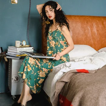 HNMCHIEF Contrast Sleepdress Moda pentru Femei Sexy V-Neck Spaghete Curele Imitat de Mătase Midi Confortabil Pijamale de Vara Cămașă de noapte