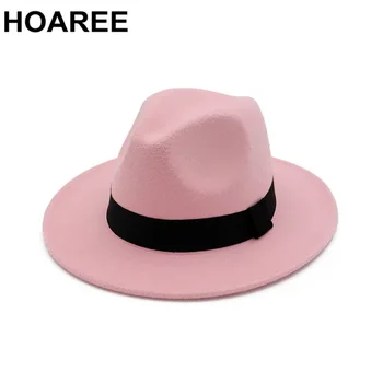 HOAREE Roz Fedora Pălărie de Epocă Pălărie Panama Femei Lână Trilby Jazz Palarie Doamnelor Margine Largă Chapeau Femei Toamna Iarna Pălărie de Fetru