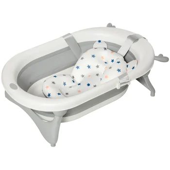 HOMCOM baie copil nou-născut până la 3 ani pliabil cu pernă și non-alunecare pad 81,5x50,5x23 cm gri & Alb