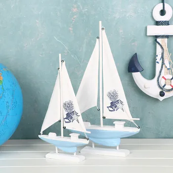 Home Decor Lemn Cu Panze Albe Figurine Mediterană Din Lemn În Stil Dungă Nava Home Office Desktop Miniatură Marin Bărci Cu Vele