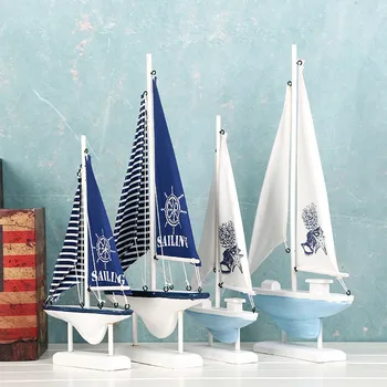 Home Decor Lemn Cu Panze Albe Figurine Mediterană Din Lemn În Stil Dungă Nava Home Office Desktop Miniatură Marin Bărci Cu Vele