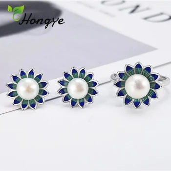 Hongye Moda Verde Floral Perla Seturi Fete Dulci Stud Cercei Argint 925 Inele Reglabile Bijuterii De Lux, Cadouri De Petrecere