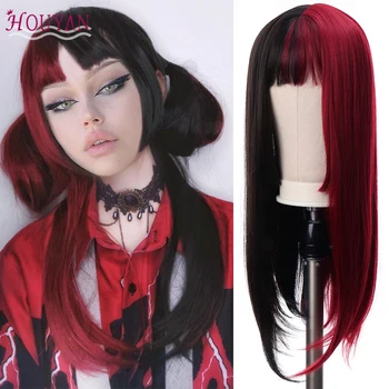 HOUYAN părul Lung și drept peruca sintetica negru și roșu amestecat două culori pentru ca doamnelor peruca petrecere sintetic de înaltă temperatură