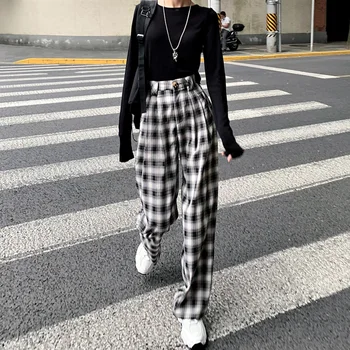 HOUZHOU Stil coreean Carouri Pantaloni Femei Elevii Jokeri Grila de Pantaloni în Carouri Alb-Negru Pantaloni Largi Carouri Pantaloni Femei
