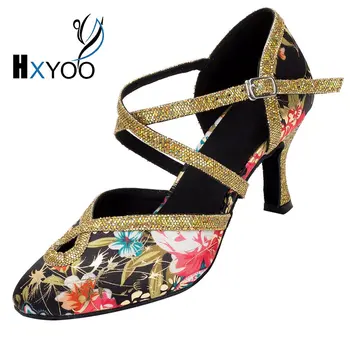 HXYOO dansurile de Bal Pantofi Femei Satin Talpă Moale de Flori Cu Negru cu toc de 7,5 cm Închis Toe Pantofi de Salsa Latin WK002