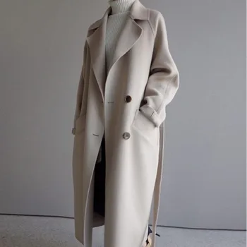 Iarna Bej Elegant Amestec De Lână Femei Moda Coreeană Negru Lung Haine Vintage, Minimalist Palton De Lână Cămilă Supradimensionat Uza