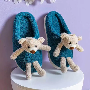 Iarna Cald, Papuci de Casă Ursul-papusa 3D Designer Kawaii Pantofi Plat pentru Femei Slide-uri de Interior de Pluș Drăguț Iubitorii Gros de Blană Papuci