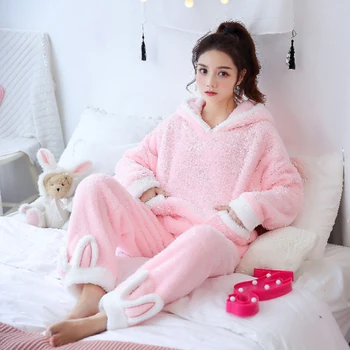 Iarna Femei Flanne Seturi De Pijamale Alb Cald Gros Îmbrăcăminte De Noapte Dulce Coral Catifea Pijamale Femei Cu Maneci Lungi Pantaloni De Pijama Homewear