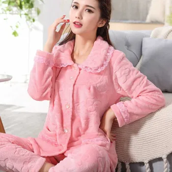 Iarna Flanel Cald Femei Seturi de Pijamale cu Maneca Lunga Sleepwear Set de Pijama pentru Fete Pijamale Groase Coral Catifea cămașă de noapte
