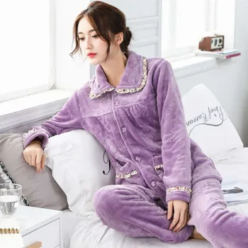 Iarna Flanel Cald Femei Seturi de Pijamale cu Maneca Lunga Sleepwear Set de Pijama pentru Fete Pijamale Groase Coral Catifea cămașă de noapte