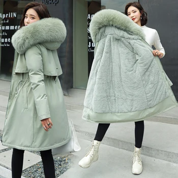 Iarna noi femei bumbac căptușit jacheta de lungime medie, guler de blană mare plus catifea sacou matlasat jos jacheta de bumbac sacou din bumbac