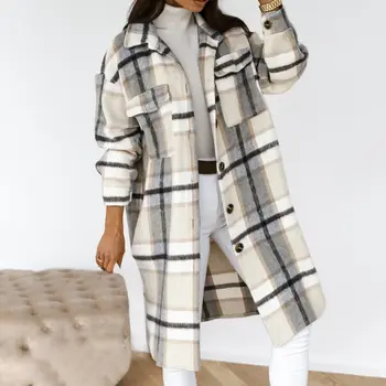 Iarna Verificat Femei Jacheta Rândul Său, În Jos Paltonul Carouri Cald Haină Lungă Supradimensionat Gros Tricou Lung Sacou Feminin Streetwear