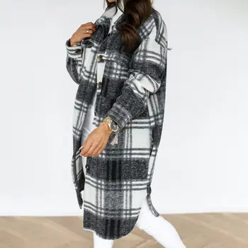 Iarna Verificat Femei Jacheta Rândul Său, În Jos Paltonul Carouri Cald Haină Lungă Supradimensionat Gros Tricou Lung Sacou Feminin Streetwear