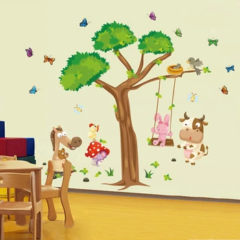Iepure Leagăn Animale Vaca Copac Mare Desene animate Autocolant Perete DIY Acasă Decalcomanii de Perete Decal Acasă Decortaion Tapet Camera Copii Dormitoare