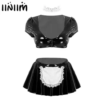 Iiniim Femei Femme Wetlook Clubwear Părți Latex French Maid Dress Joc de Rol Costume Cosplay Crop Top cu Fusta Mini Ars