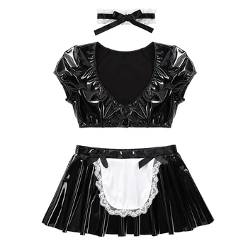 Iiniim Femei Femme Wetlook Clubwear Părți Latex French Maid Dress Joc de Rol Costume Cosplay Crop Top cu Fusta Mini Ars