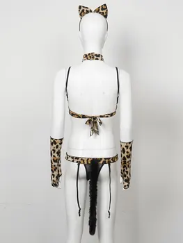 Iiniim Femei Leopard de Imprimare Lenjerie Katza Cat Fancy Costume Sexy Clubwear Sutien fără Fir Crotchless G-string cu Oversleeve