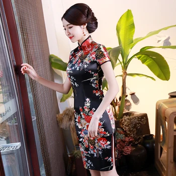 Imprimare De Flori Cheongsam Clasic Femei Satin Vestidos Slim Maneci Scurte Rochie De Seara Tradițională Chineză Qipao Mandarin Guler