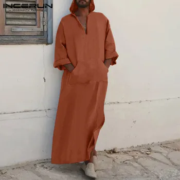 INCERUN arabe Islamice Caftan Bărbați Jubba Echipa de Bumbac Solidă Maneca Lunga cu Gluga Robe Dubai Orientul Mijlociu Bărbați Musulmani Haine Abaya