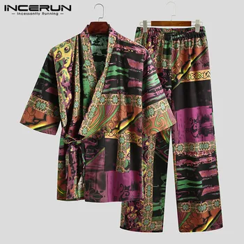 INCERUN Bărbați Seturi de Pijamale Print Kimono din Bumbac V Gât de Agrement Jumătate Maneca Sleepwear Pantaloni Dantela-Up Japonez Moale Bărbați Pijamale Costum 7