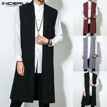 INCERUN Bărbați Veste fără Mâneci Lung Trenci din Bumbac Solid Barbati Vesta Chineză Stil Vintage Casual Mantie de Îmbrăcăminte Jachete L-5XL