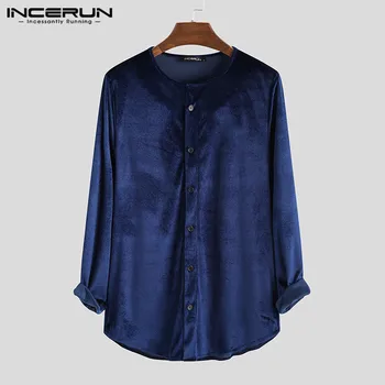 INCERUN Elegant Tricou Barbati Solid 2021 Maneca Lunga Butonul Catifele Bluza Brand Camisa de Fitness Streetwear Business Casual Camasa Barbati